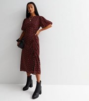 New Look Petite Red Floral Short Puff Sleeve Ruched Midi Dress